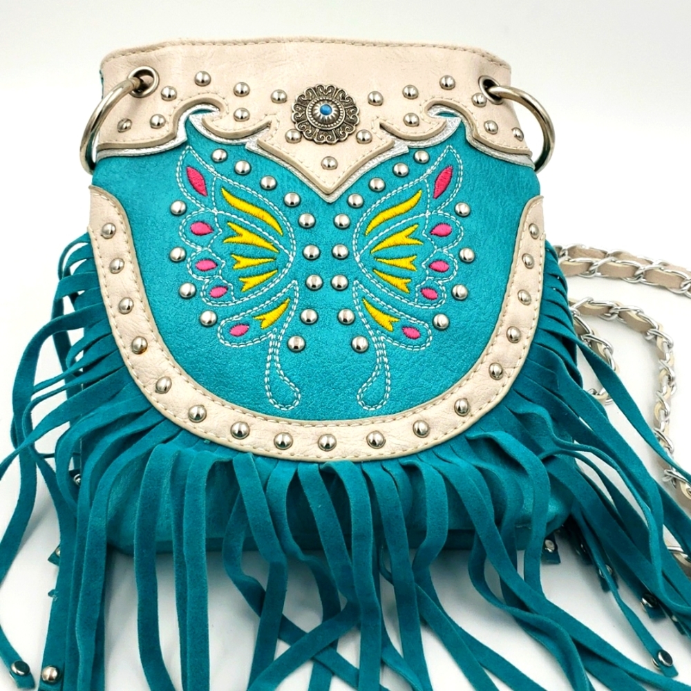 WESTERN Blue and White Fringed Studded Crossbody w/Chain Strap Purse